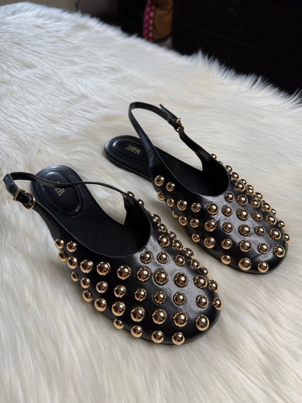 Zara Black Flat Slingback Sandal with Gold Studs - Picture 2 of 7